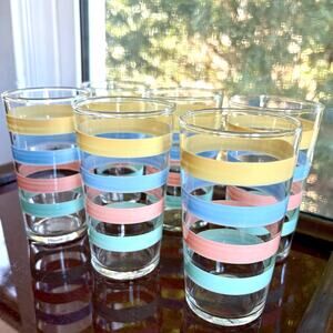 Set of 6 Vintage Federal Glass Tumblers Pastel Stripe Mid Century Barware